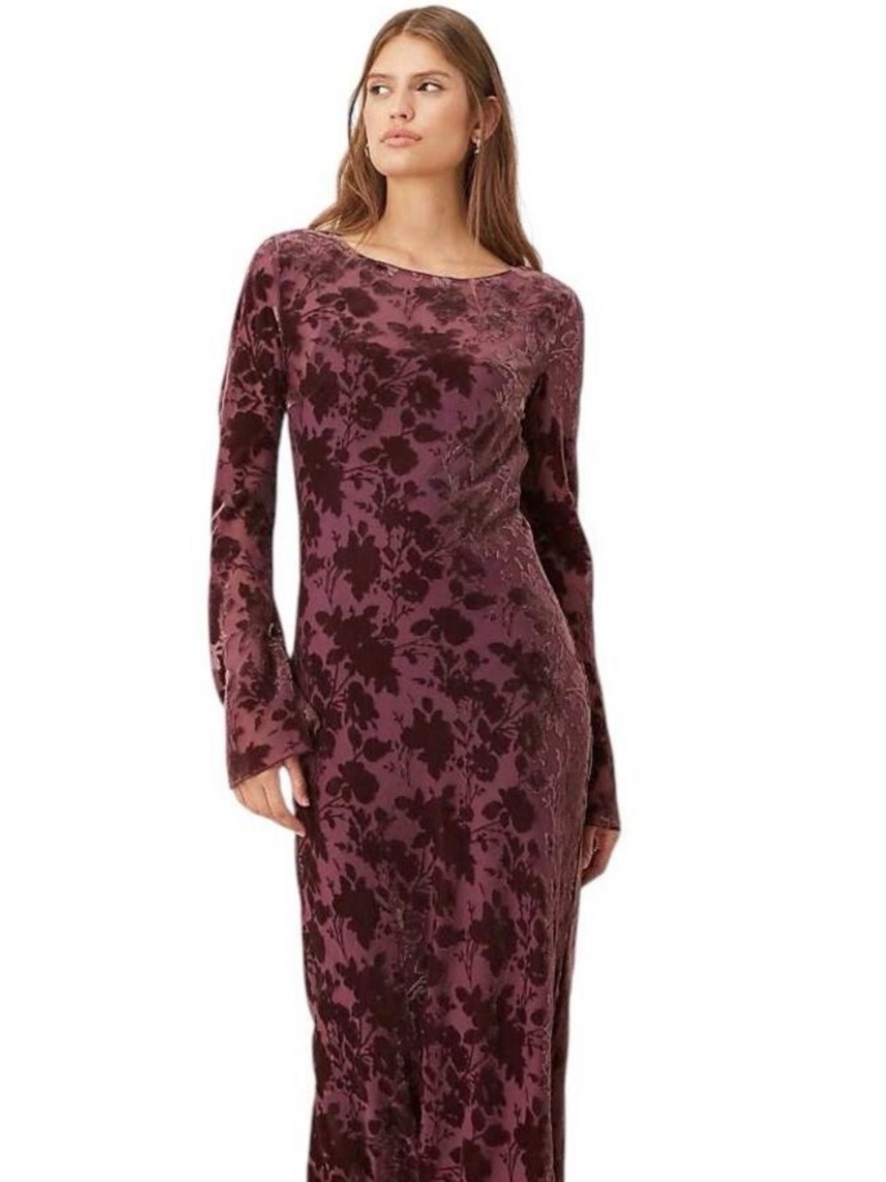 Mango Burgundy Floral Burnout Velvet Long Sleeve Maxi Dress